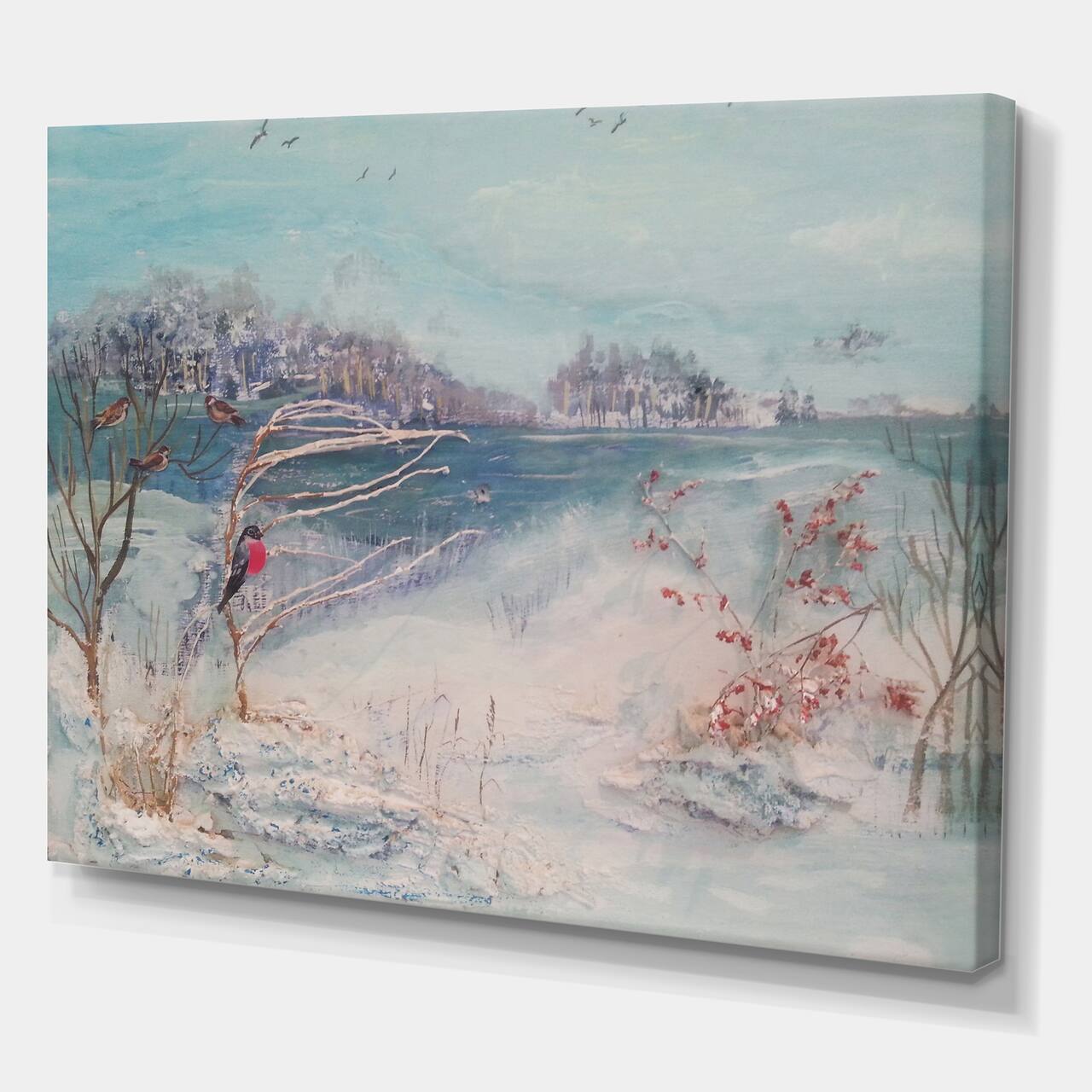 Designart - Winter Trees River and Birds - Lake House Canvas Wall Art Print